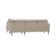 Ilona -kulmadivaanisohva harmaanbeigellä AC Laviano 345 -kankaalla ja 18 cm korkeilla wengenvärisillä pyöreäkartio-jaloilla. Kuvan sohvassa on 10 cm leveä KN10-käsinoja.