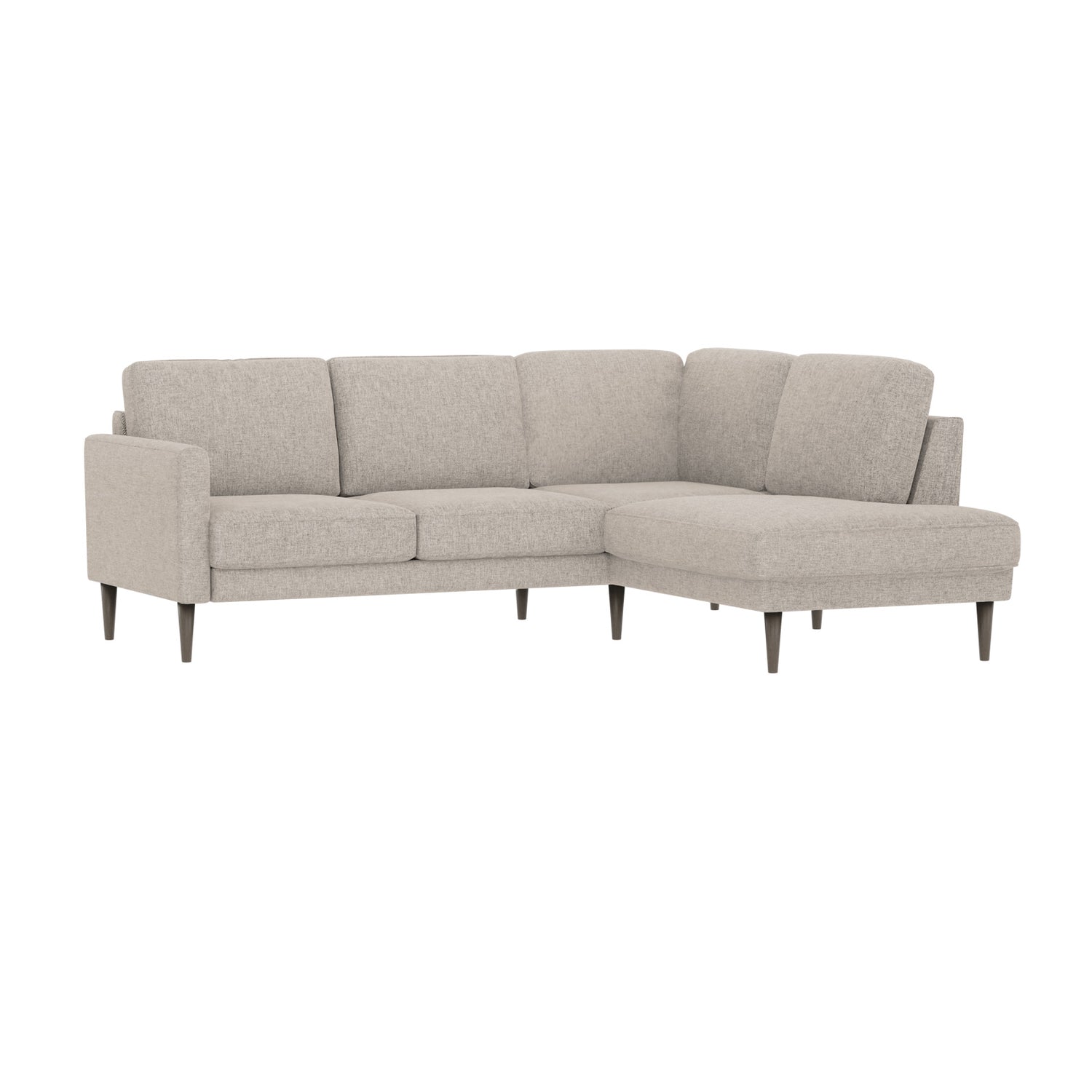 Ilona -kulmadivaanisohva beigellä AC Laviano 80 -kankaalla ja 18 cm korkeilla wengenvärisillä pyöreäkartio-jaloilla. Kuvan sohvassa on 10 cm leveä KN10-käsinoja.