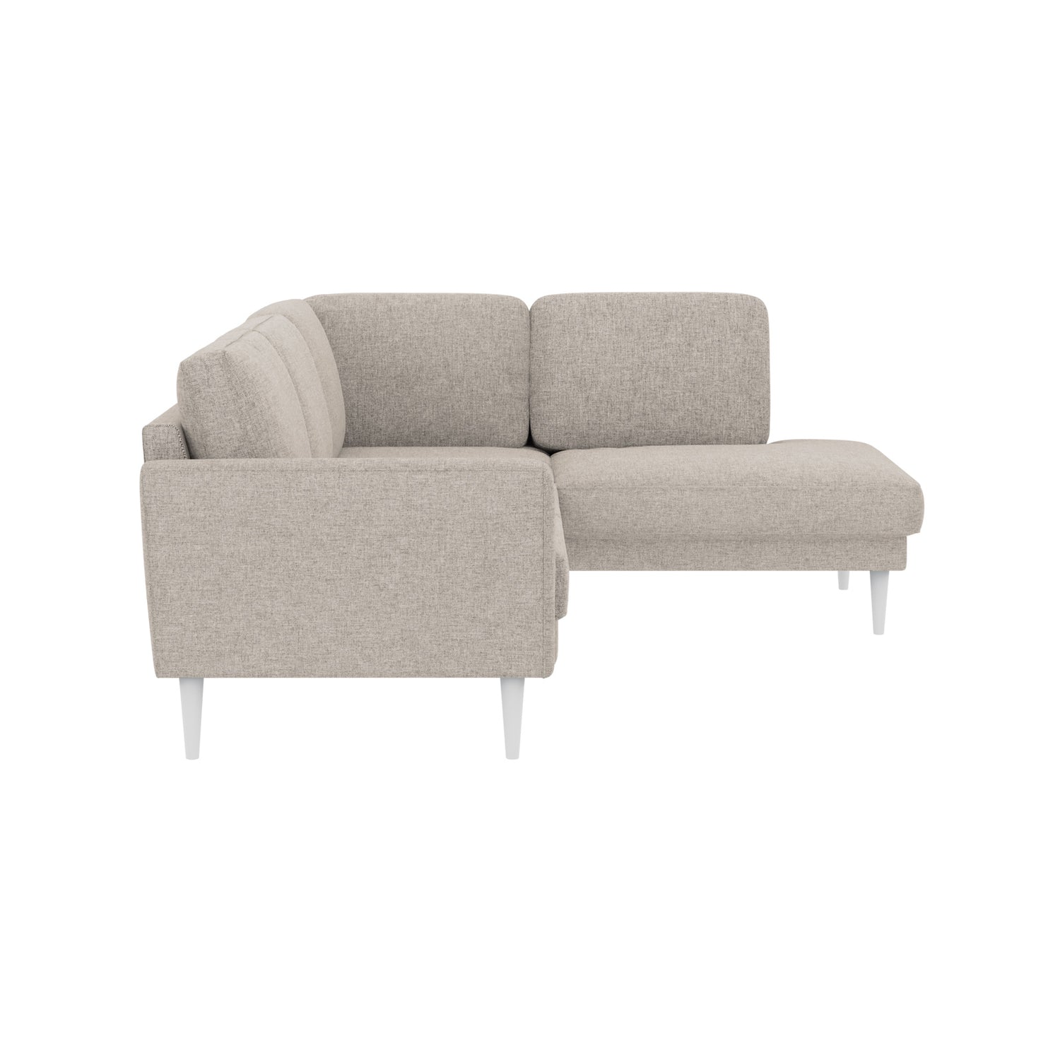 Ilona -kulmadivaanisohva beigellä AC Laviano 80 -kankaalla ja 18 cm korkeilla valkoisilla pyöreäkartio-jaloilla. Kuvan sohvassa on 10 cm leveä KN10-käsinoja.