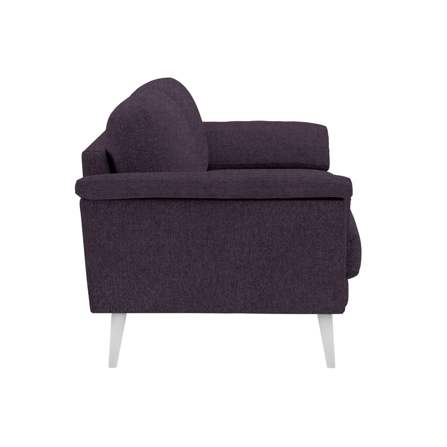 Ilona-sohva luumunvärisellä Barcelona 180 -kankaalla ja valkoisilla 18 cm korkeilla vinoilla pyöreäkartiojaloilla. Kuvan sohvassa on 17 cm leveät KNT-käsinojat.