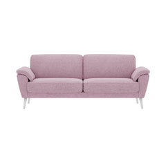 Ilona-sohva roosanvärisellä AC Naomi 324 -kankaalla ja valkoisilla 18 cm korkeilla vinoilla pyöreäkartiojaloilla. Kuvan sohvassa on 17 cm leveät KNT-käsinojat.