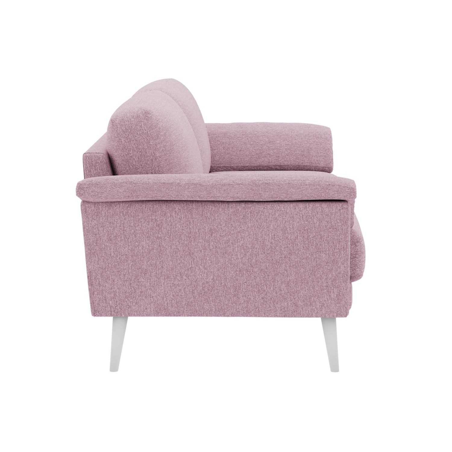 Ilona-sohva roosanvärisellä AC Naomi 324 -kankaalla ja valkoisilla 18 cm korkeilla vinoilla pyöreäkartiojaloilla. Kuvan sohvassa on 17 cm leveät KNT-käsinojat.