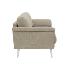 Ilona-sohva hiekanvärisellä AC Naomi 430 -kankaalla ja valkoisilla 18 cm korkeilla vinoilla pyöreäkartiojaloilla. Kuvan sohvassa on 17 cm leveät KNT-käsinojat.