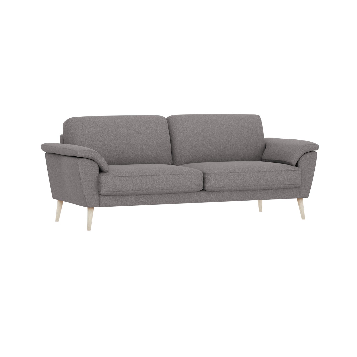 Ilona-sohva harmaalla AC Otaru 213 -kankaalla ja luonnonvärisillä 18 cm korkeilla vinoilla pyöreäkartiojaloilla. Kuvan sohvassa on 17 cm leveät KNT-käsinojat.