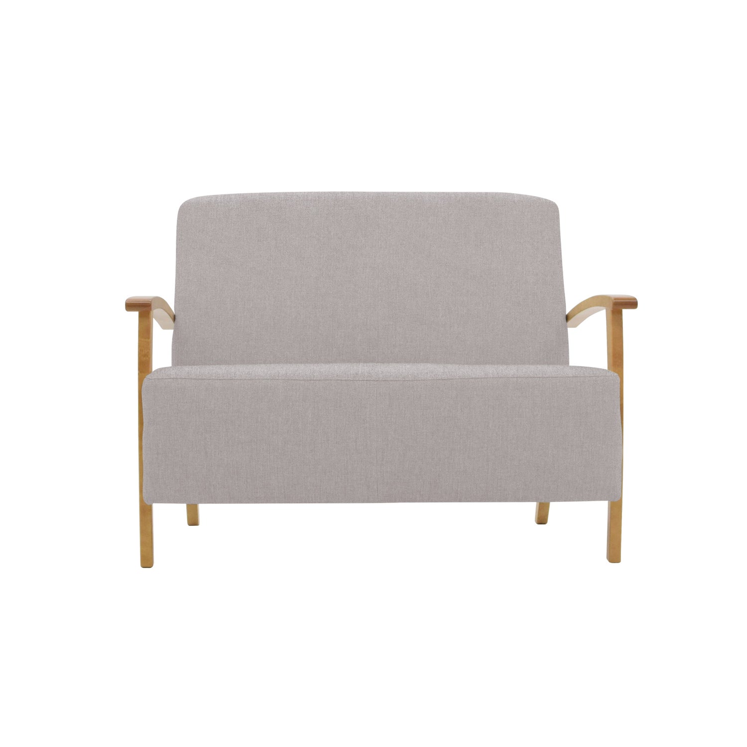 Isla 2-istuttava sohva hiekanvärisellä Barcelona 10 -kankaalla ja luonnonvärisillä puuosilla.