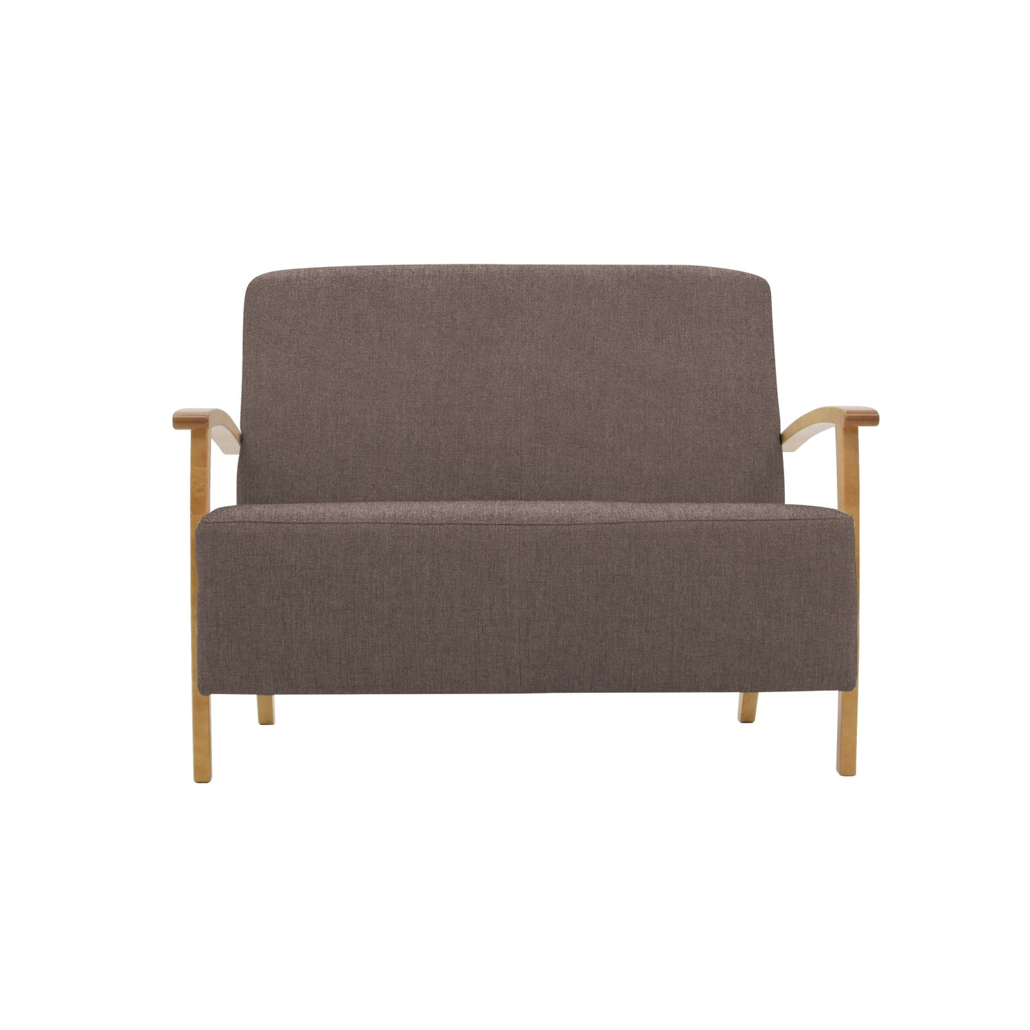 Isla 2-istuttava sohva ruskealla Barcelona 40 -kankaalla ja luonnonvärisillä puuosilla.