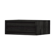 Musta Eicon Wall -yöpöytä. Seinään kiinnitettävässä yöpöydässä on vetolaatikko.