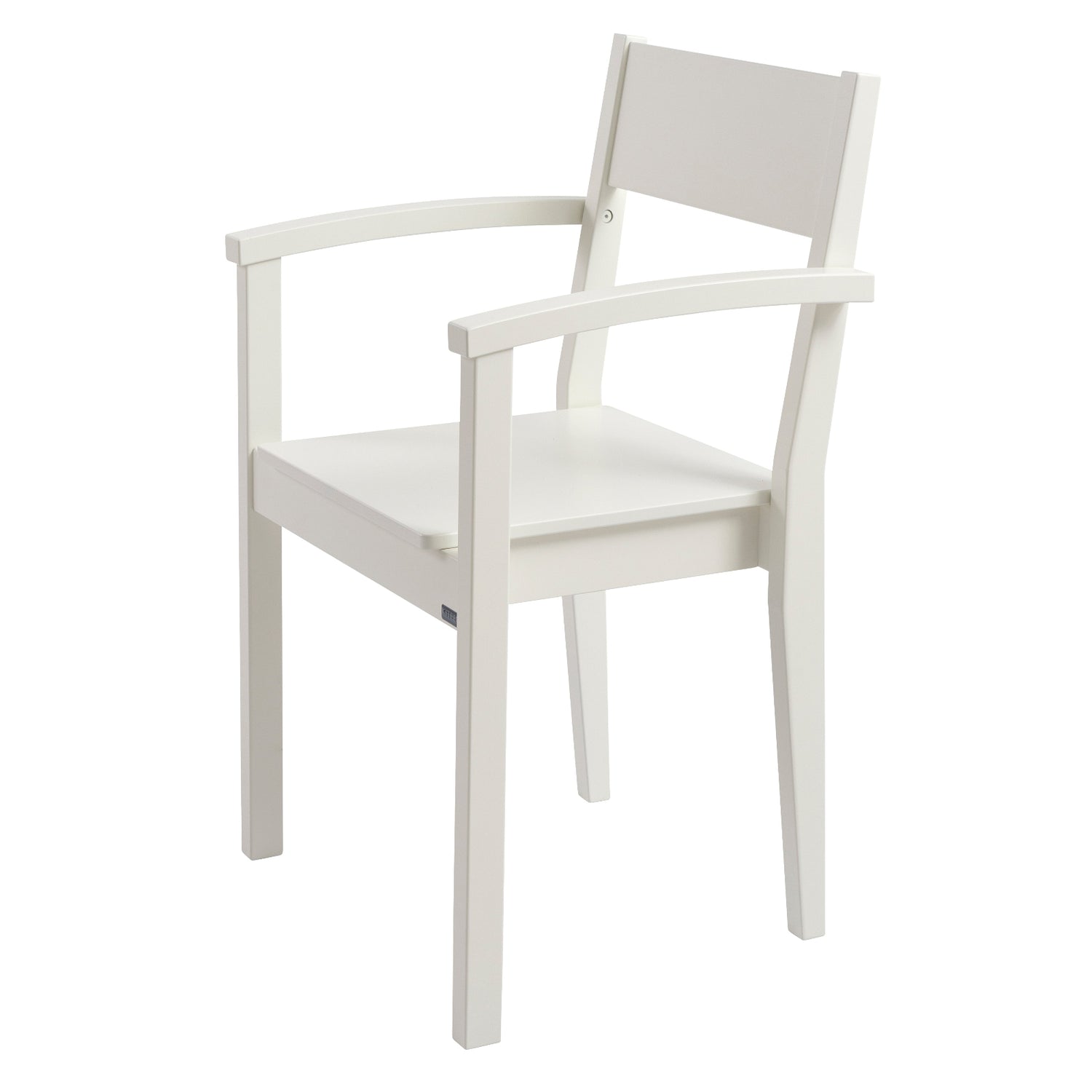 Valkoinen käsinojallinen Joki-tuoli on maalattua koivua.