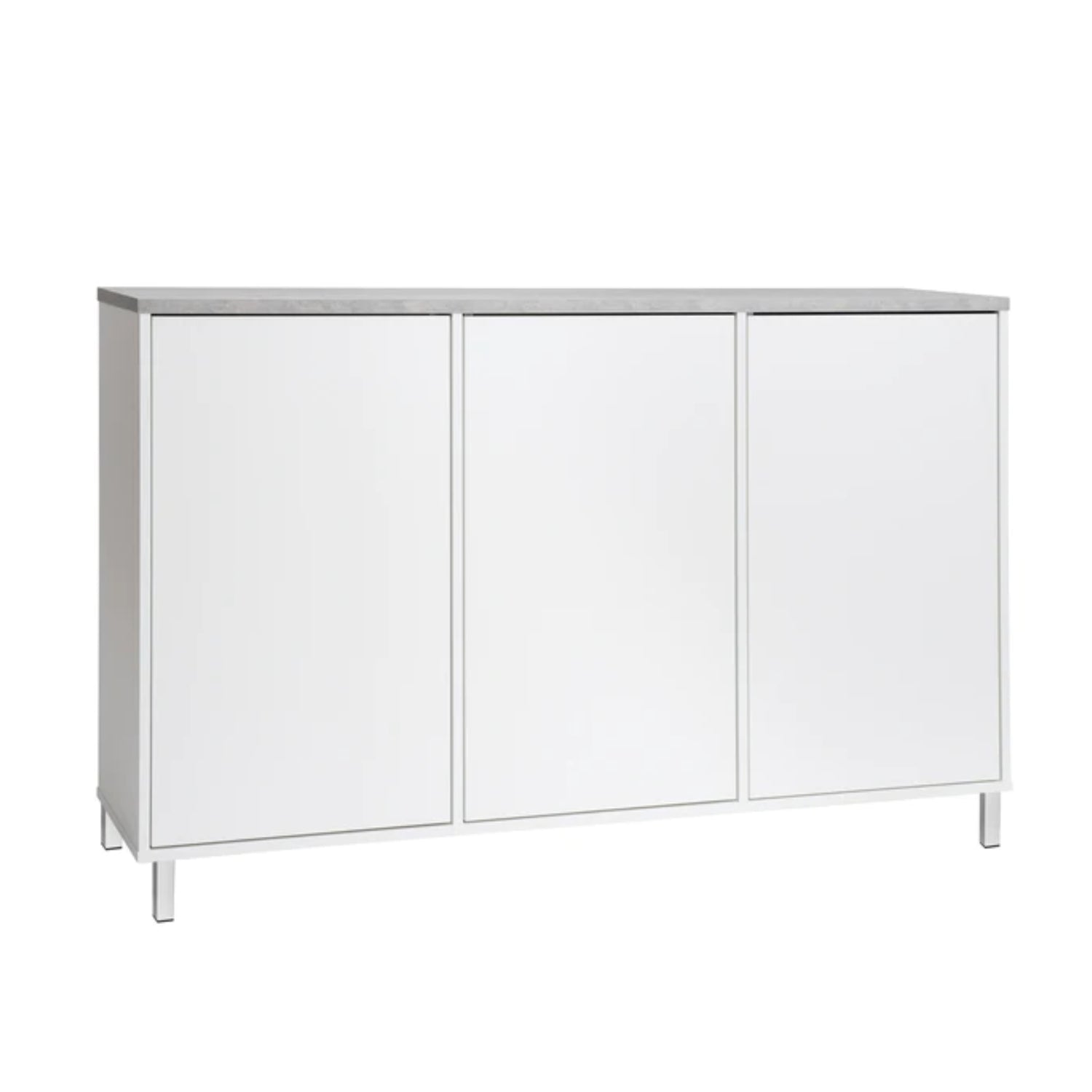 Kuvassa on 144 cm leveä valkoinen Kivi-senkki harmaalla betonijäljitelmän sävyisellä kannella ja valkoisilla metallijaloilla.