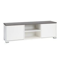 Kuvassa on 144 cm leveä valkoinen Kivi-sarjan tv-taso, jonka kannen väri on antrasiitti ja muovijalat ovat hopeanväriset.