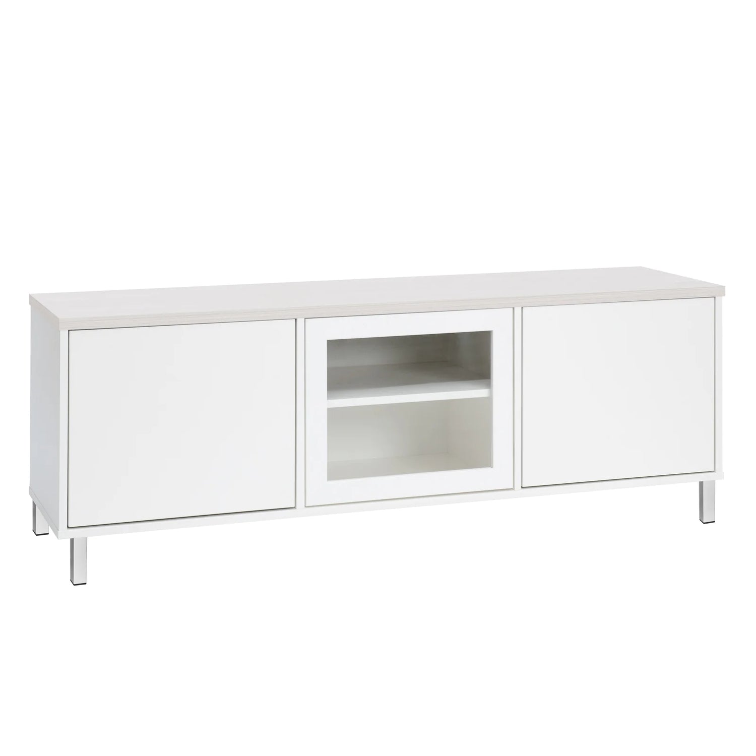 Kuvassa on 144 cm leveä valkoinen Kivi-sarjan tv-taso, jonka kannen väri on valkosaarni ja metallijalat ovat valkoiset.