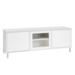 Kuvassa on 144 cm leveä valkoinen Kivi-sarjan tv-taso, jonka kannen väri on valkosaarni ja metallijalat ovat valkoiset.