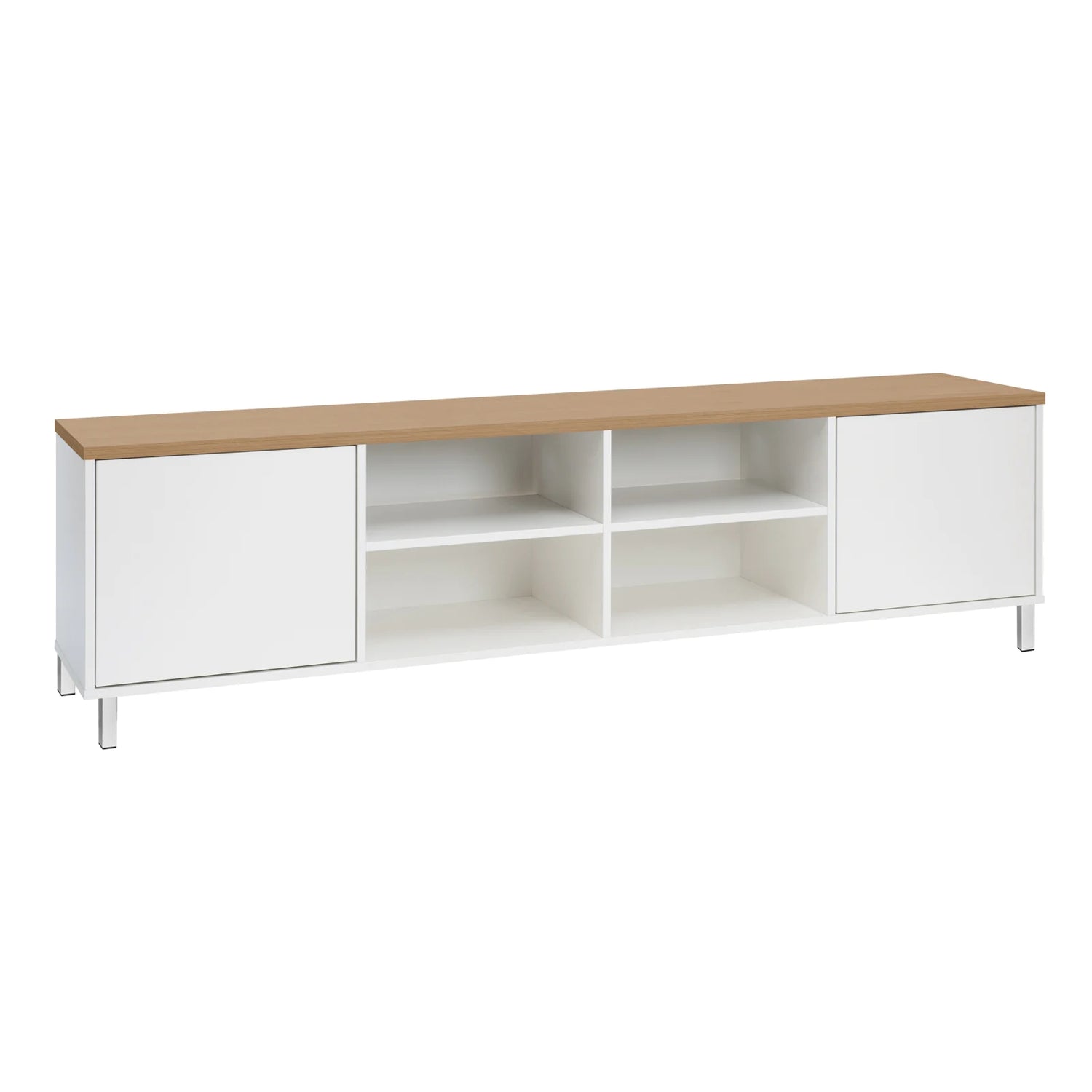 Kuvassa on 192 cm leveä valkoinen Kivi-sarjan tv-taso tammenvärisellä kannella ja valkoisilla metallijaloilla.