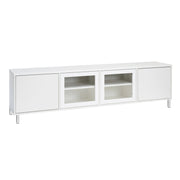 Kuvassa on 192 cm leveä kokovalkoinen Kivi-sarjan tv-taso valkoisilla metallijaloilla.
