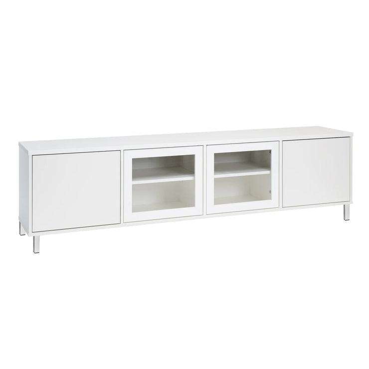 Kuvassa on 192 cm leveä kokovalkoinen Kivi-sarjan tv-taso valkoisilla metallijaloilla.
