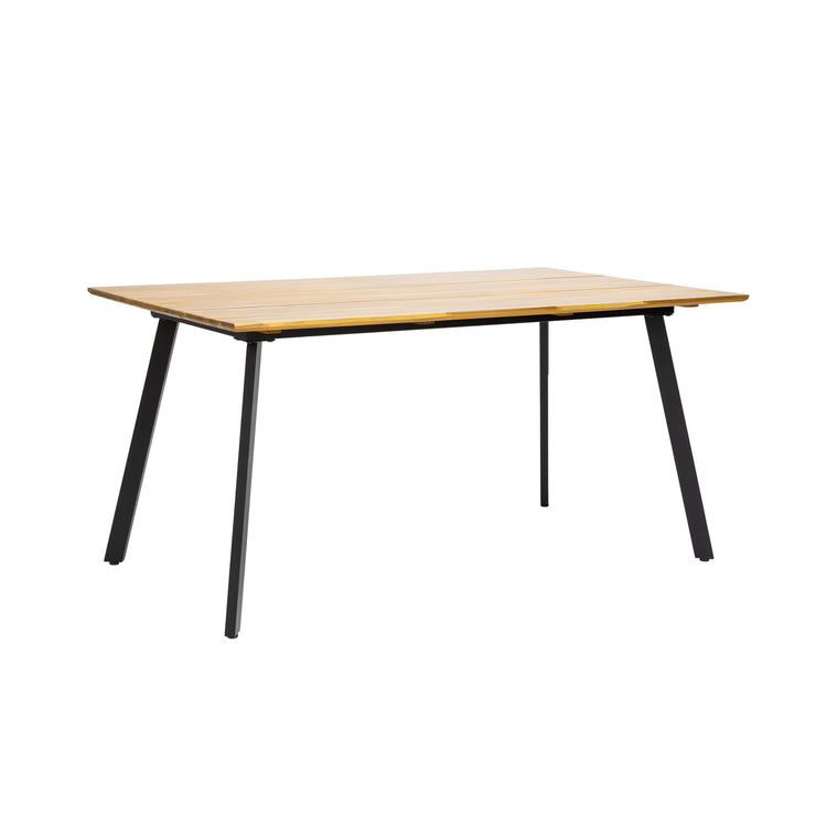 Kesähelmi-pöytä 150 x 90 cm luonnonvärisellä 3 säleestä koostuvalla akaasiakannella ja mustilla metallijaloilla.
