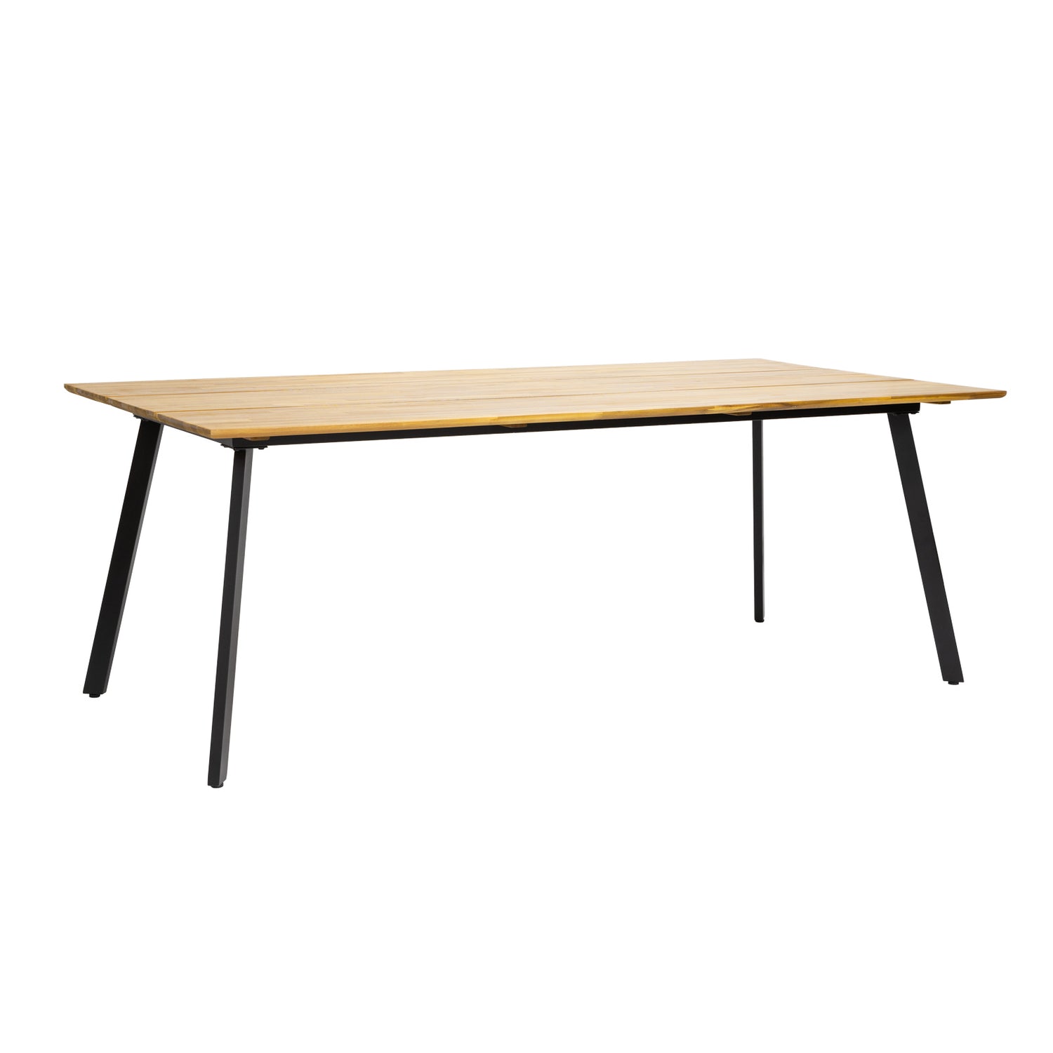 Kesähelmi-pöytä 200 x 100 cm luonnonvärisellä 3 säleestä koostuvalla kannella ja mustilla metallijaloilla.