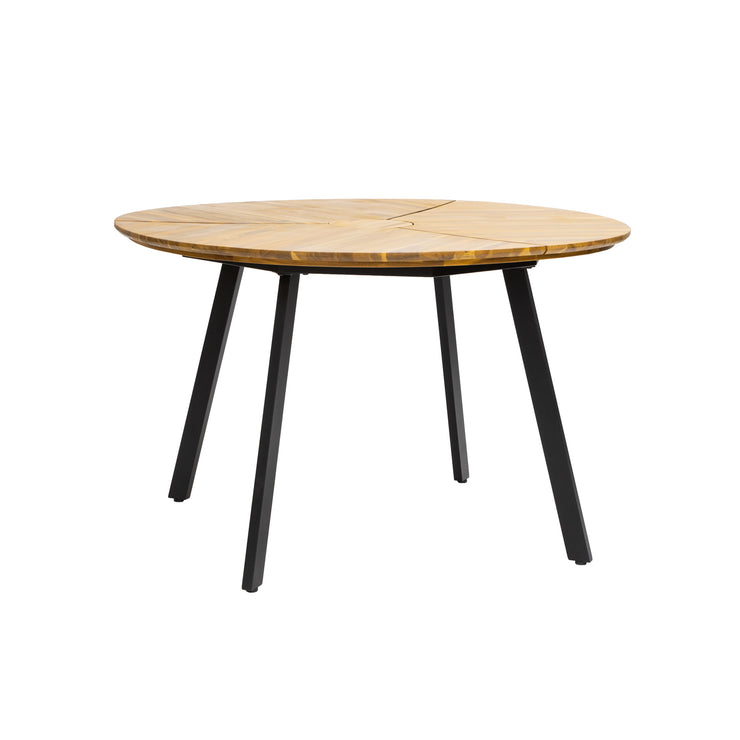 Pyöreä Kesähelmi-pöytä 120 cm. Kansi puunvärinen, mustat metallijalat.
