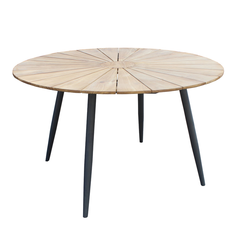 Pyöreä Kesäniemi-ruokapöytä Ø 120 cm. Pöydän jalat ovat pulverimaalattua alumiinia ja kansi luonnonväristä tiikkipuuta.