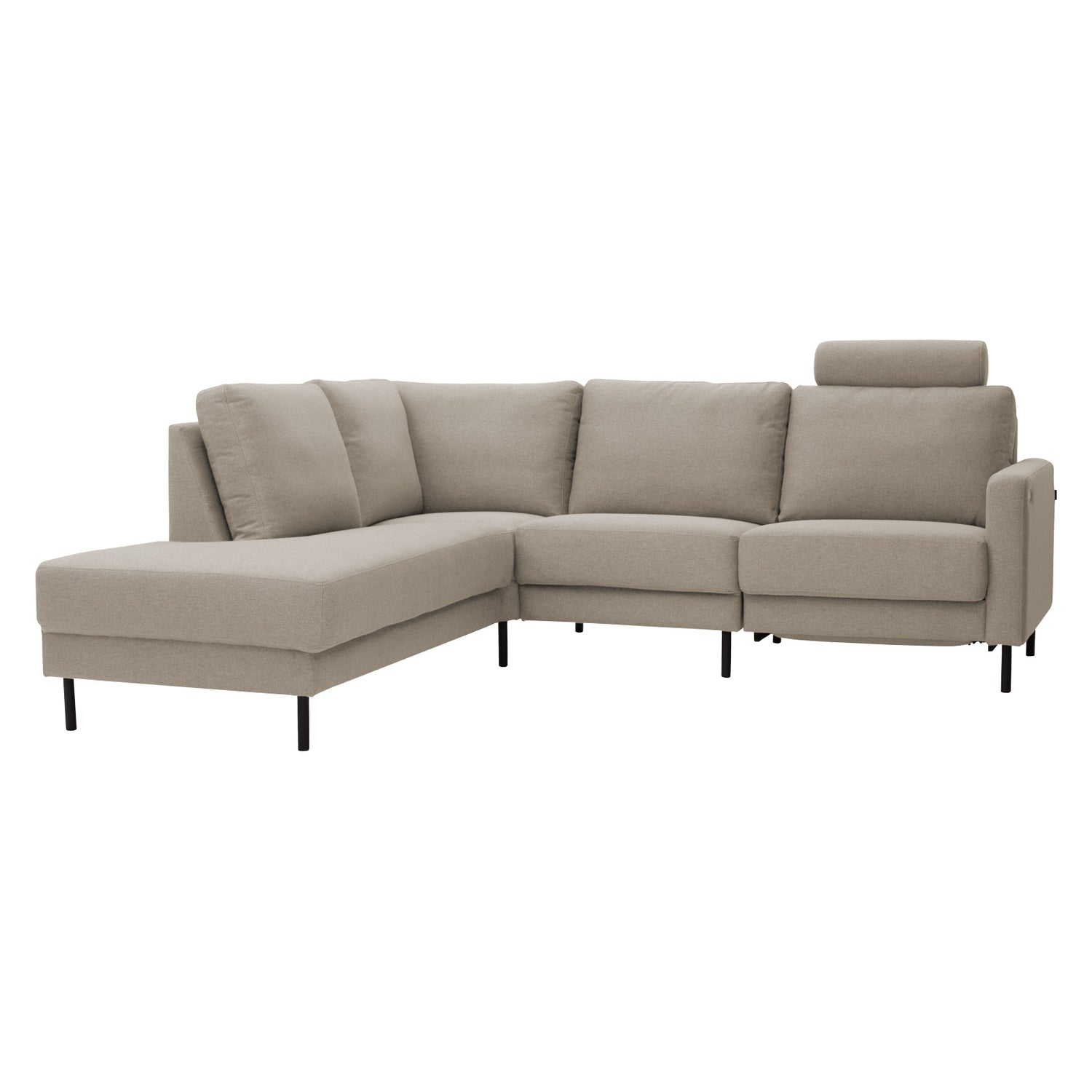 Kuura-reclinersohva vasemmalla divaanikulmalla ja oikeanpuoleisella niskatyynyllisellä mekanismi-istuimella. Sohvassa on beige Krypto 20 -verhoilukangas ja se on malliltaan siro divaanisohva reclinerpäätyosan kallistus- ja jalkarahin nostomekanismeilla. Mustat 15 cm metallijalat. Kuvan niskatyyny ei kuulu sohvakokoonpanon hintaan.