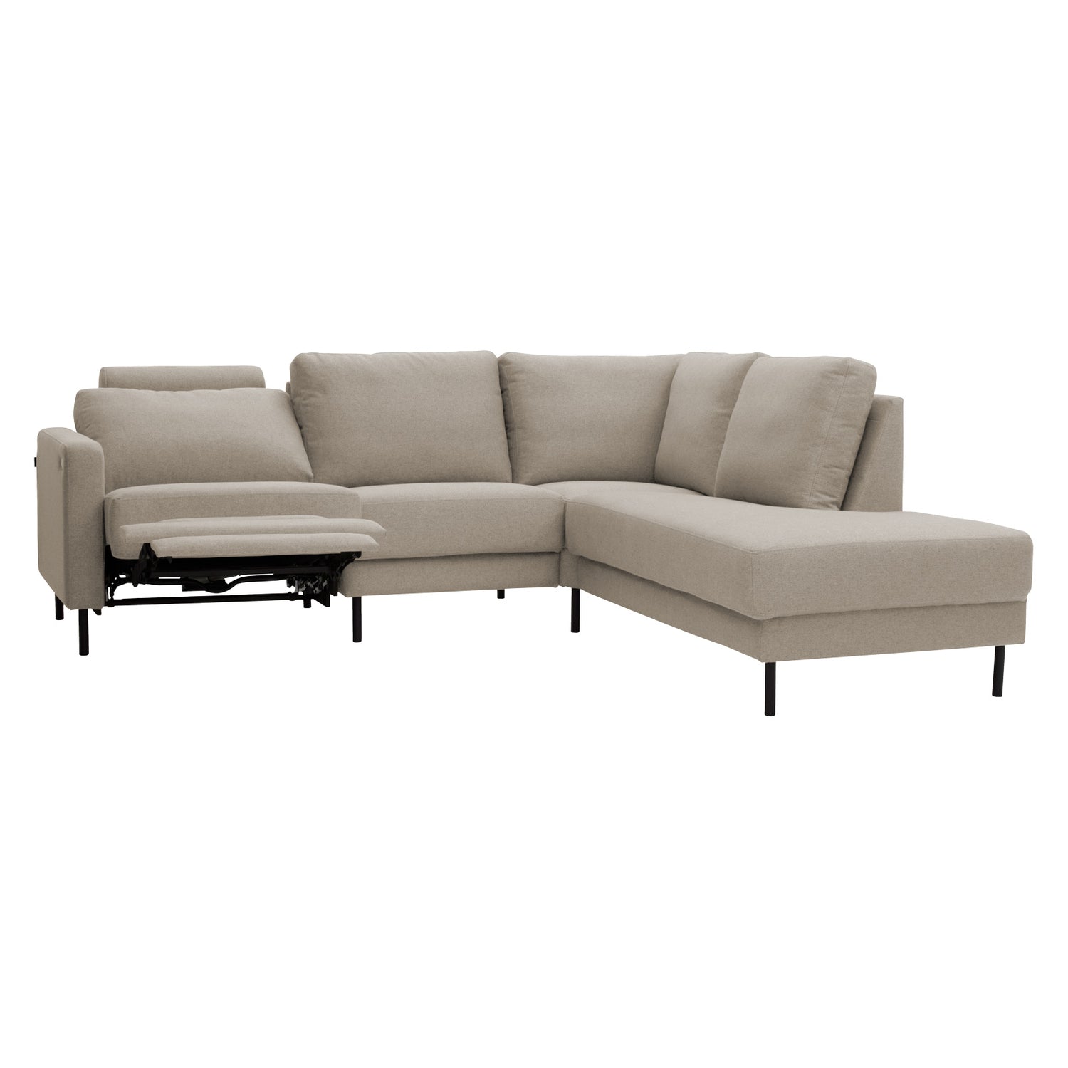 Kuvan Kuura-sohvan vasemmanpuoleisesta recliner-istuimesta jalkarahin saa nostettua ylös ja myös selkänojan laskettua taakse. Kuvan sohvassa on beige Krypto 20 -kangasverhoilu ja oikeanpuoleinen kulmadivaaniosa. Mustat 15 cm metallijalat. Kuvan niskatyyny ei kuulu sohvakokoonpanon hintaan.