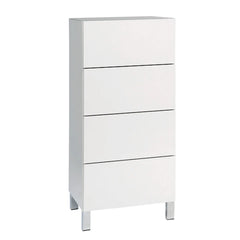 Kuvassa on 46 cm leveä korkeakiiltovalkoinen Lumo-lipasto hopeanvärisillä alumiinijaloilla. Sarjan tuotteissa on valkoinen lasikansi.