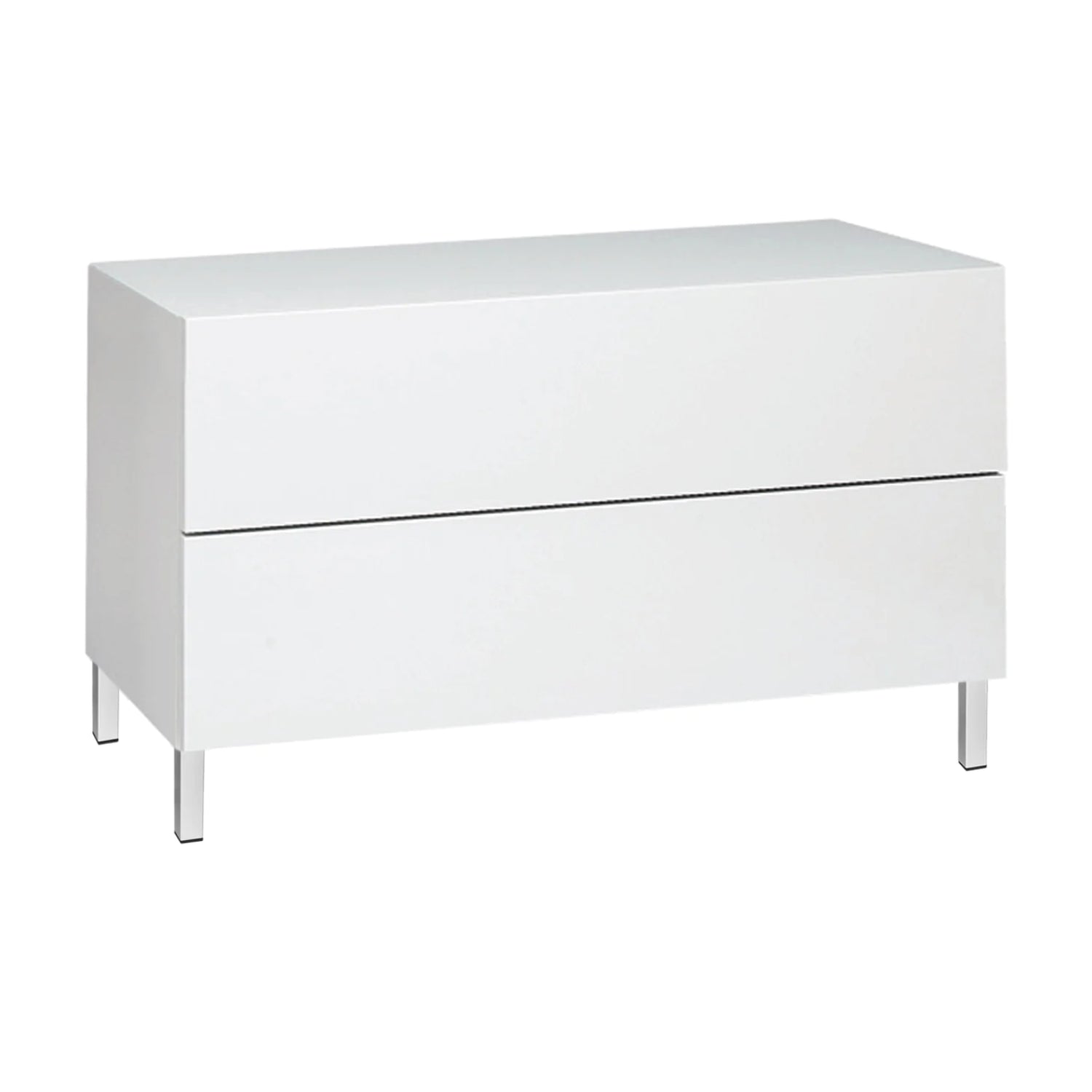 Kuvassa on 92 cm leveä korkeakiiltovalkoinen Lumo-lipasto valkoisilla metallijaloilla. Sarjan tuotteissa on valkoinen lasikansi.