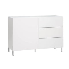 Kuvassa on 120 cm leveä korkeakiiltovalkoinen Lumo-senkki valkoisilla metallijaloilla. Sarjan tuotteissa on valkoinen lasikansi.