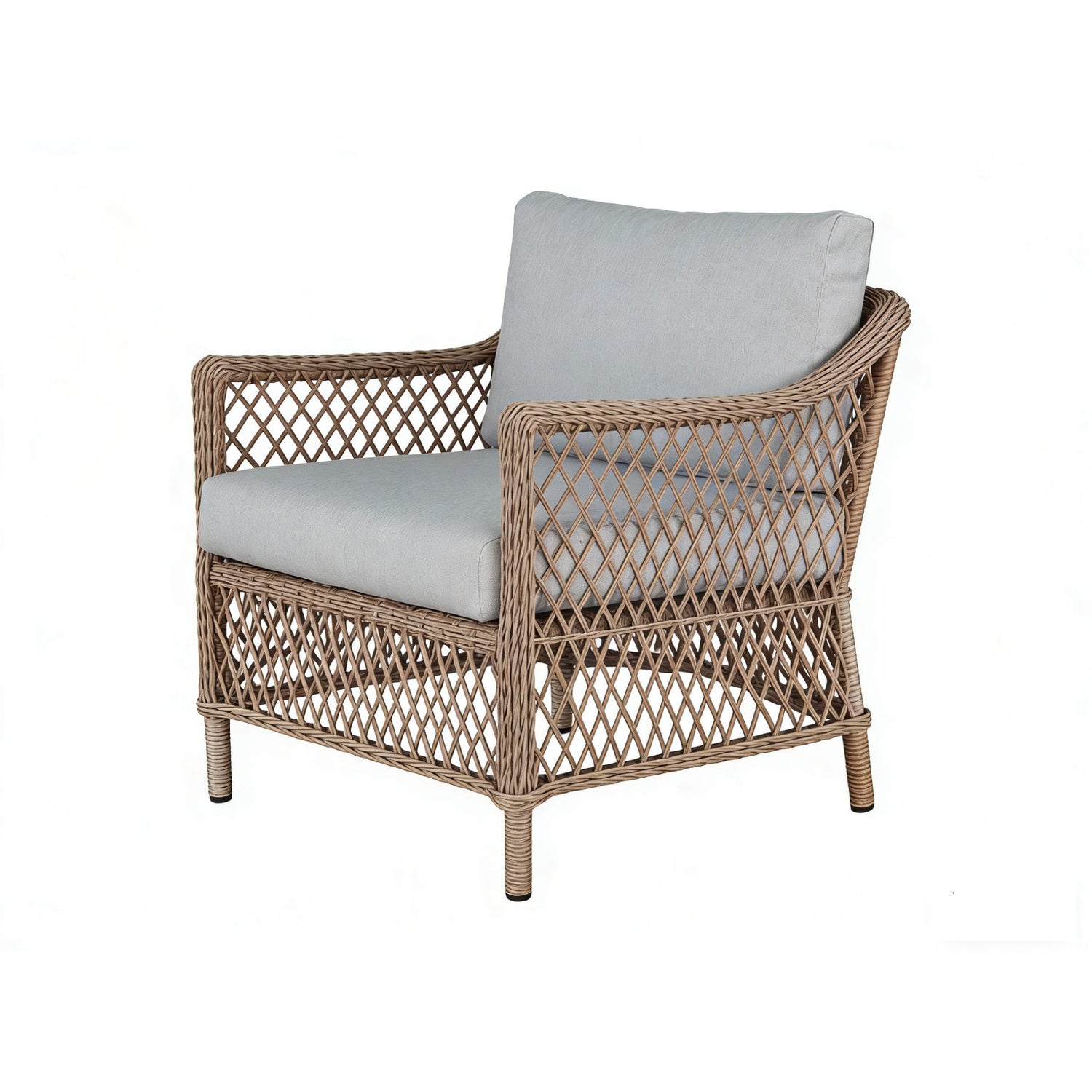 Alumiinirunkoisessa Lecco-nojatuolissa on luonnonvärinen punos ja kermanväriset pehmusteet.