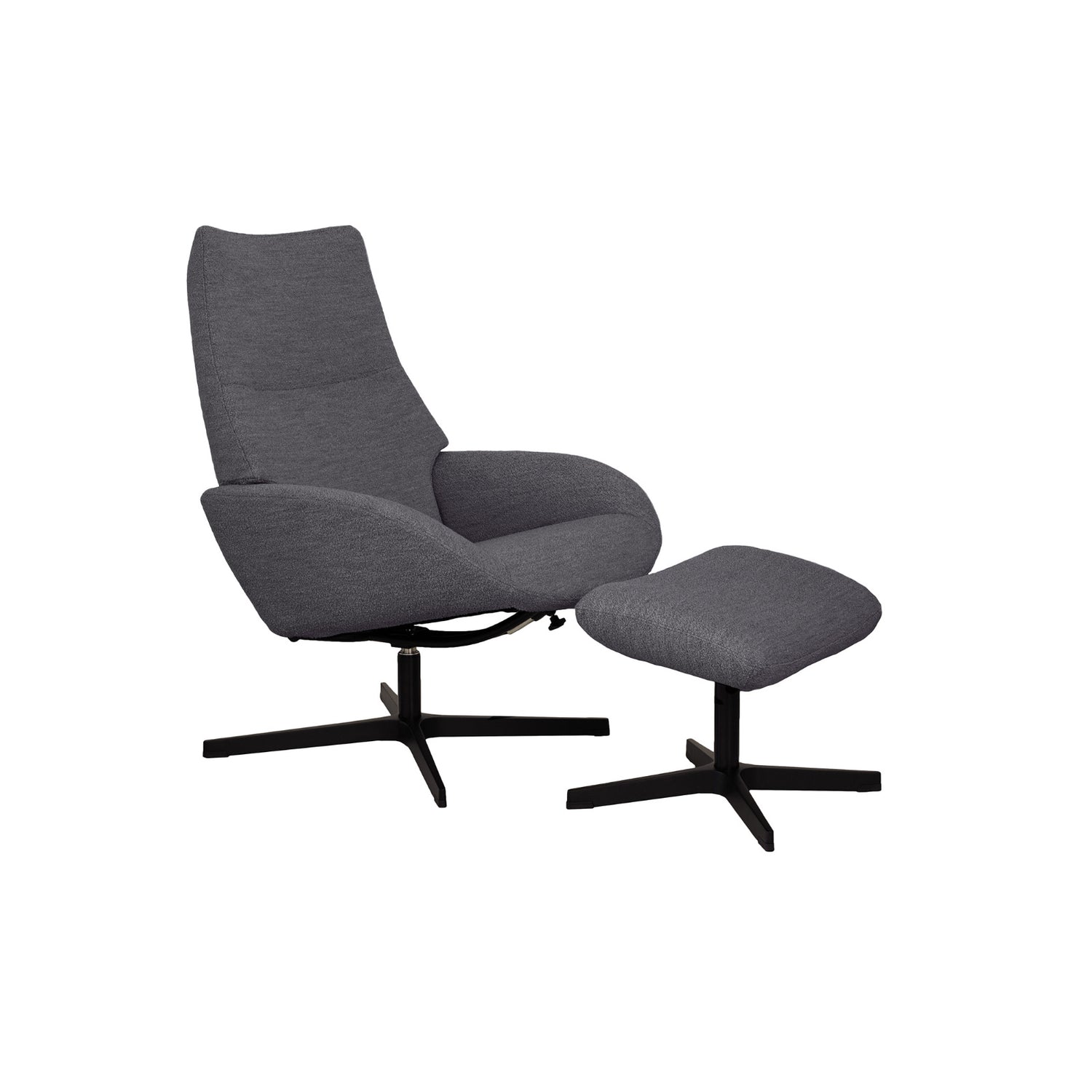 Kebe Lotus -tv-tuoli ja rahi harmaalla Alpine Grey 075 -kangasverhoilulla ja mustalla Vision -ristikkojalalla. Settiin kuuluu optimaalisena jalkatukena toimiva rahi.