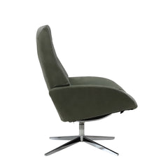 Kuvassa on Kebe Lotus -tv-tuoli oliivinvihreällä Bull Thyme 573 -nahkaverhoilulla ja krominvärisellä Bossa -ristikkojalalla.