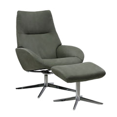 Kebe Lotus -nojatuoli-setti oliivinvihreällä Bull Thyme 573 -nahkaverhoilulla ja krominvärisellä Bossa -ristikkojalalla.