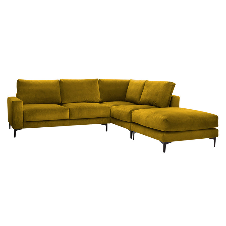 Manhattan -kulmasohva ja rahi keltaisella Bellagio 105 -kankaalla ja mustilla 15 cm korkeilla metallisilla kulmajaloilla.