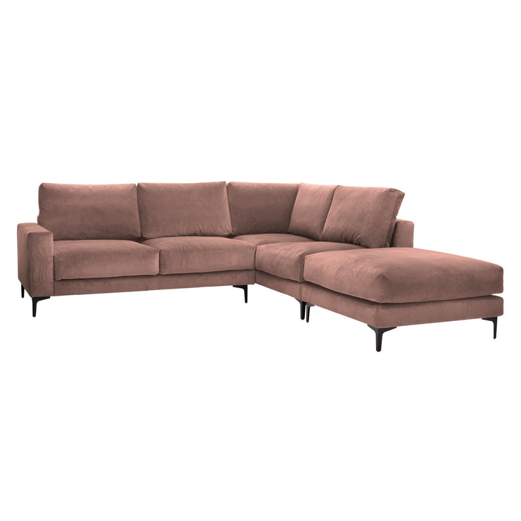 Manhattan -kulmasohva ja rahi roosanvärisellä Bellagio 503 -kankaalla ja mustilla 15 cm korkeilla metallisilla kulmajaloilla.