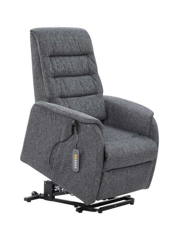 Matilda-seniorituolin nousuavustin helpottaa tuolille istumista ja siitä nousemista. Kuvan tuolissa harmaa Belfast 039 -kangasverhoilu.