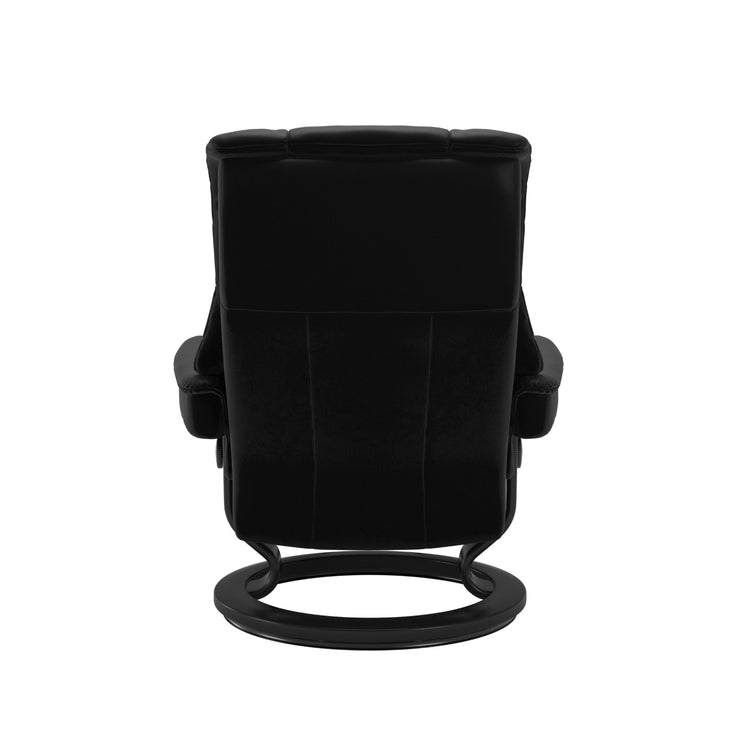 Stressless Mayfair M -lepotuoli mustana: Black 19 Batick-nahkaverhoilulla ja musta petsatulla Black 05 -Classic-puujalustalla.