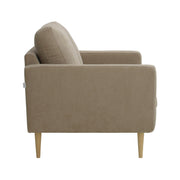 Kahden istuttava Mila-sohva ruskealla Feel 11 -kankaalla ja luonnonvärisillä pyöreäkartion mallisilla jaloilla.