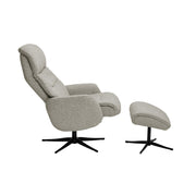 Beige Milla-recliner ja rahi mustalla alumiinijalalla. Pyörivässä tv-tuolissa on manuaaliset recliner-toiminnot.