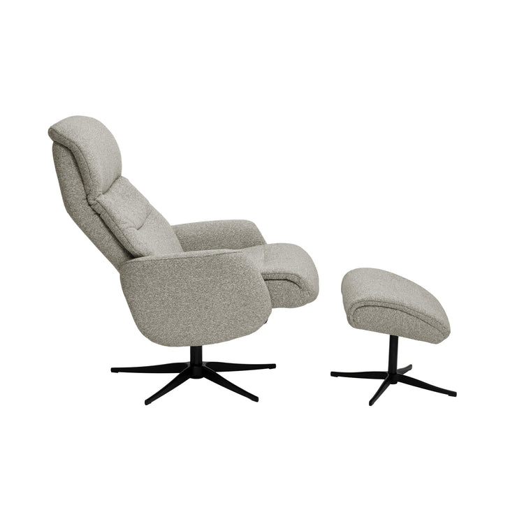 Beige Milla-recliner ja rahi mustalla alumiinijalalla. Pyörivässä tv-tuolissa on manuaaliset recliner-toiminnot.