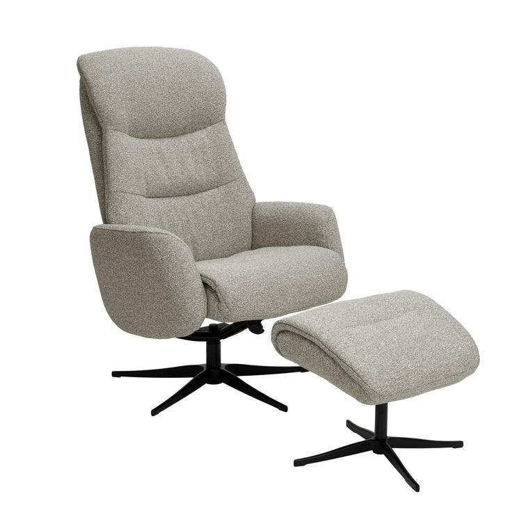 Beige Milla-recliner ja rahi mustalla alumiinijalalla. Pyörivässä tv-tuolissa on manuaaliset recliner-toiminnot.