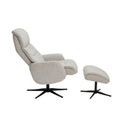 Vaalea beige Milla-recliner ja rahi mustalla alumiinijalalla. Pyörivässä tv-tuolissa on manuaaliset recliner-toiminnot.