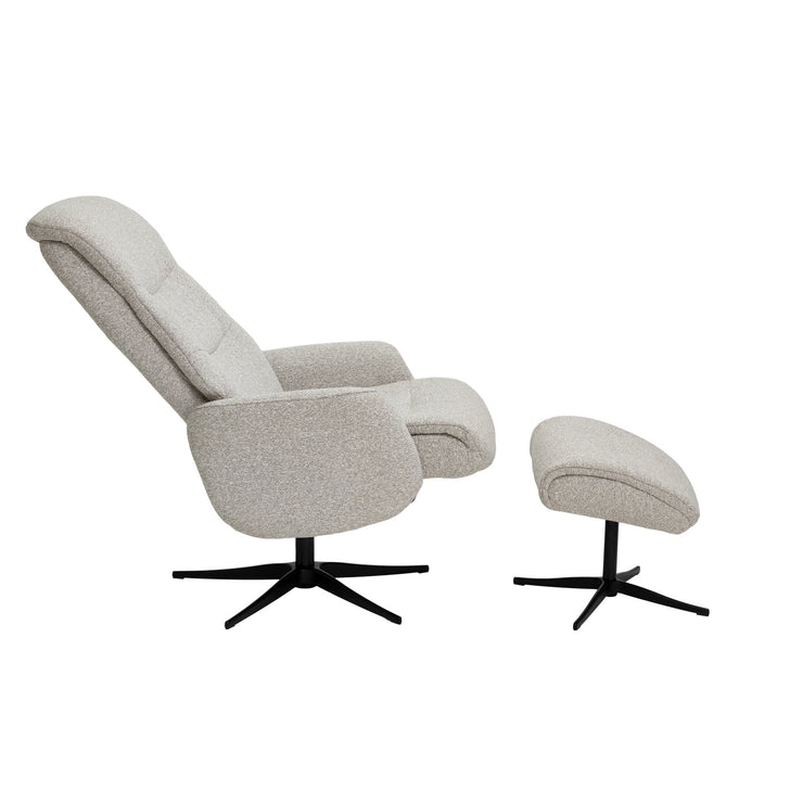 Vaalea beige Milla-recliner ja rahi mustalla alumiinijalalla. Pyörivässä tv-tuolissa on manuaaliset recliner-toiminnot.