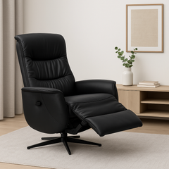 Kokomusta Milla-recliner mustalla alumiinijalalla. Pyörivässä tv-tuolissa on manuaaliset recliner-toiminnot. Stailattu visualisointi.