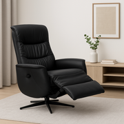 Kokomusta Milla-recliner mustalla alumiinijalalla. Pyörivässä tv-tuolissa on manuaaliset recliner-toiminnot. Stailattu visualisointi.