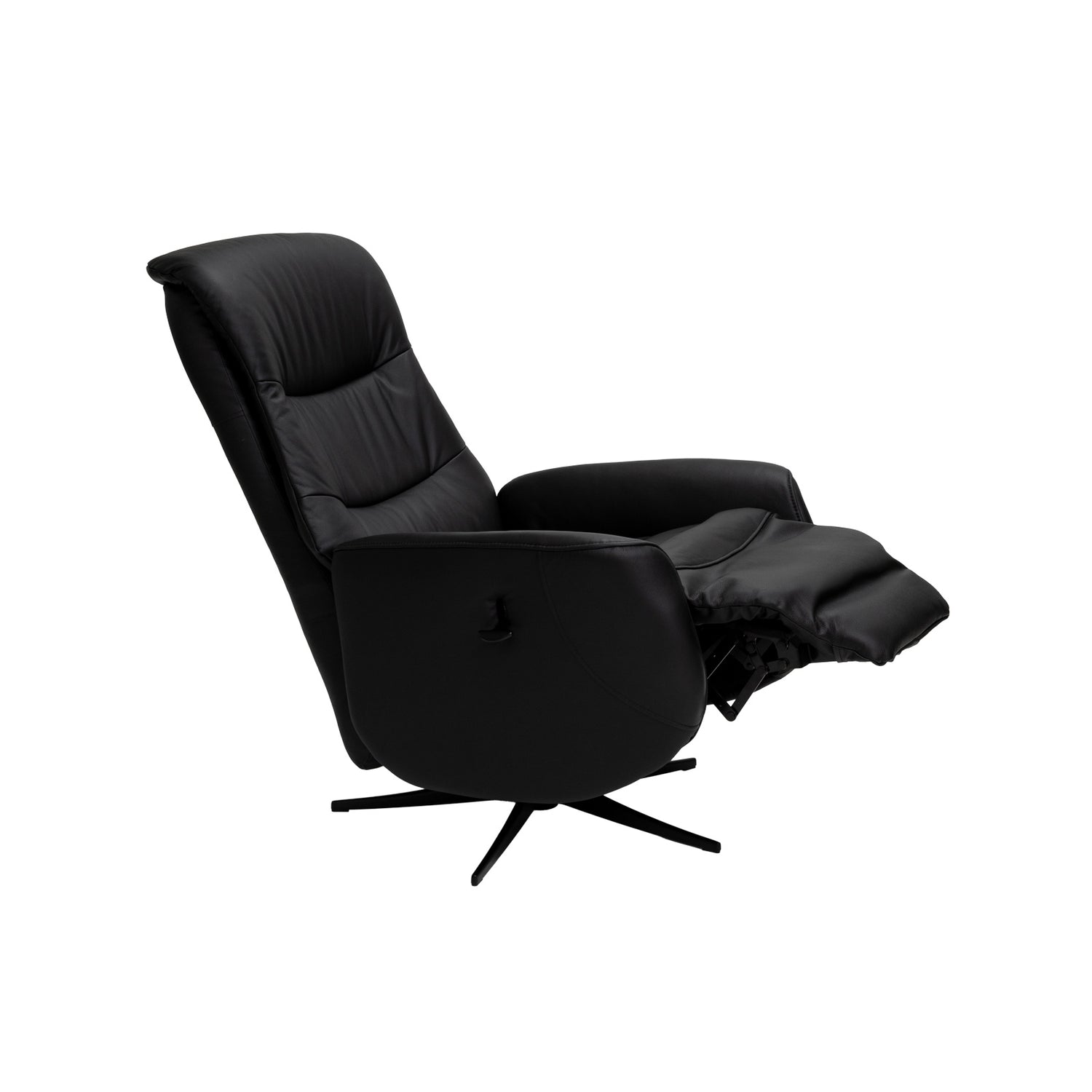 Kokomusta Milla-recliner mustalla alumiinijalalla. Pyörivässä tv-tuolissa on manuaaliset recliner-toiminnot.