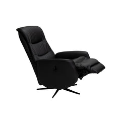 Kokomusta Milla-recliner mustalla alumiinijalalla. Pyörivässä tv-tuolissa on manuaaliset recliner-toiminnot.