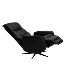 Kokomusta Milla-recliner mustalla alumiinijalalla. Pyörivässä tv-tuolissa on manuaaliset recliner-toiminnot.