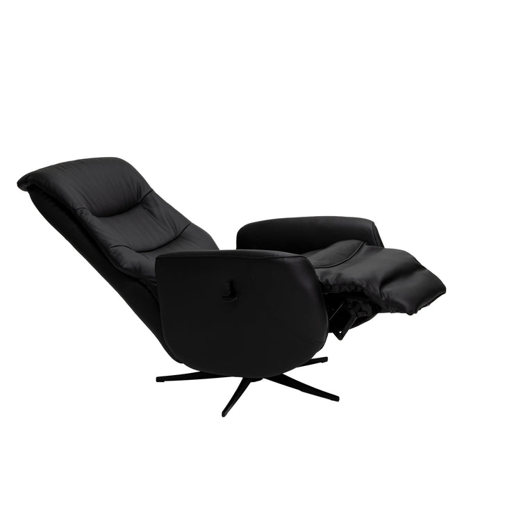 Kokomusta Milla-recliner mustalla alumiinijalalla. Pyörivässä tv-tuolissa on manuaaliset recliner-toiminnot.