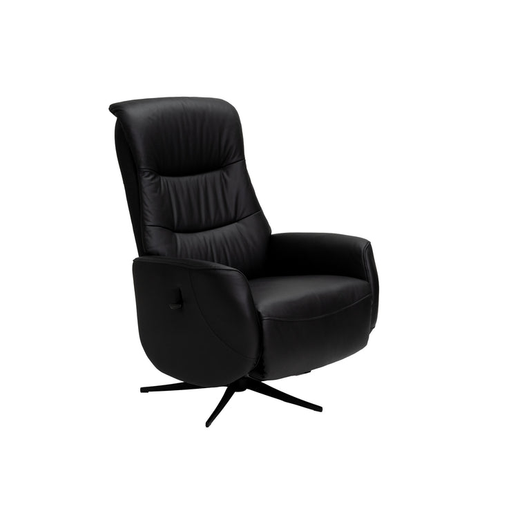 Kokomusta Milla-recliner mustalla alumiinijalalla. Pyörivässä tv-tuolissa on manuaaliset recliner-toiminnot.