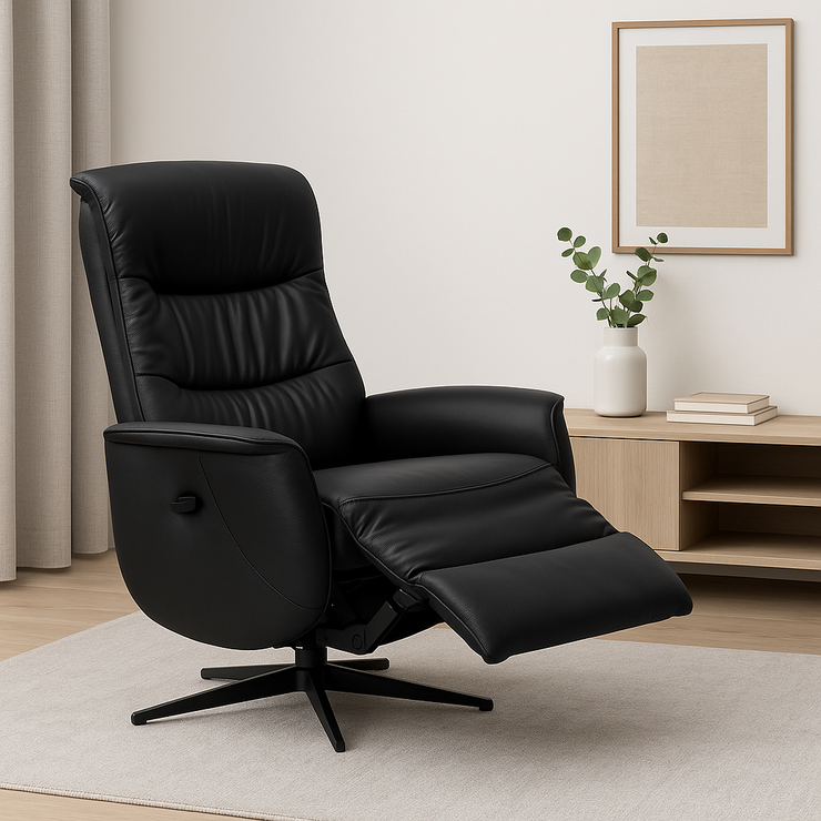 Kokomusta Milla-recliner mustalla alumiinijalalla. Pyörivässä tv-tuolissa on manuaaliset recliner-toiminnot. Stailattu visualisointi.